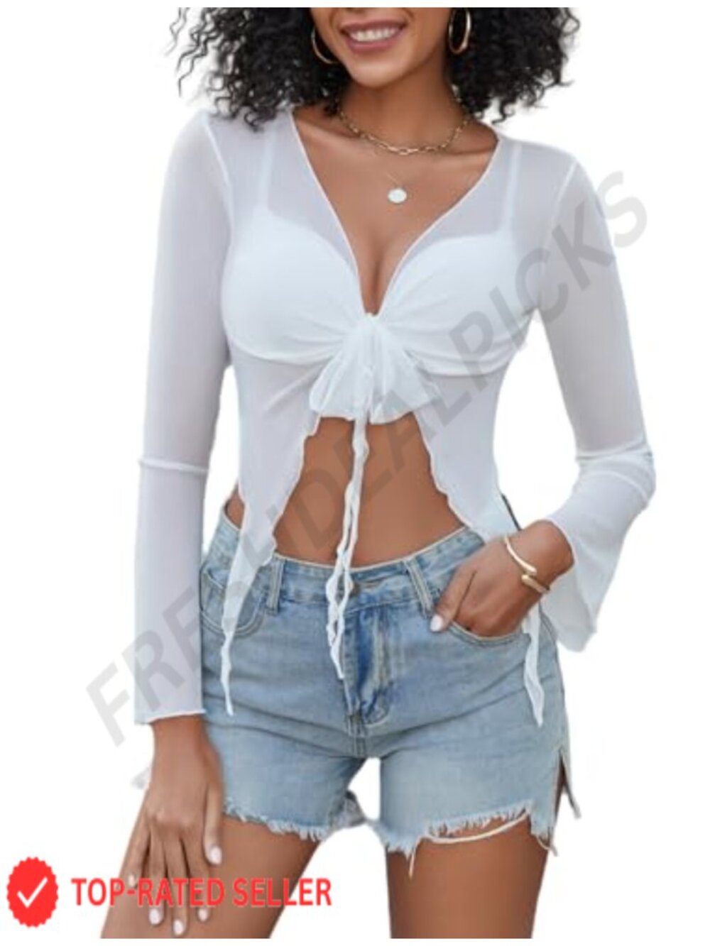 Avidlove Women Mesh Crop Top Tie Front Long Sleeve Sheer Rave Top